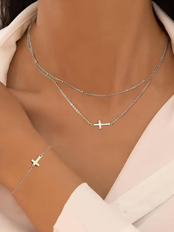 Women's Elegant Cross Design Pendant Necklace & Chain Necklace & Link Bracelet, 3counts set Exquisite Trendy Matching Jewelry Set, Fashion Accessories for Daily & Party Decoration