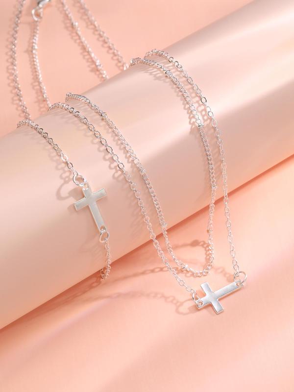 Women's Elegant Cross Design Pendant Necklace & Chain Necklace & Link Bracelet, 3counts set Exquisite Trendy Matching Jewelry Set, Fashion Accessories for Daily & Party Decoration