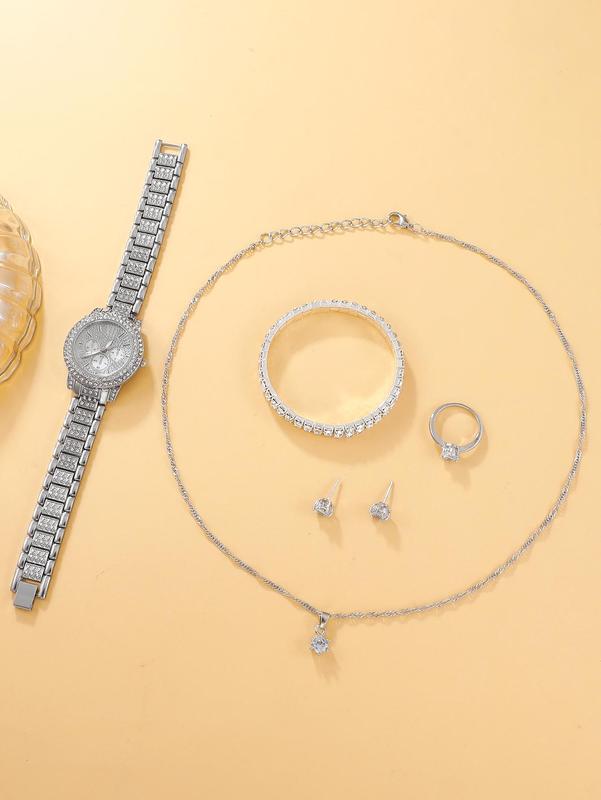 Rhinestone Decorated Quartz Watch Jewelry Set, Elegant Round Hands Analog Wrist Watch, and Ring Necklace Earrings Jewelry Set, Gift for Girlfriend, without Box