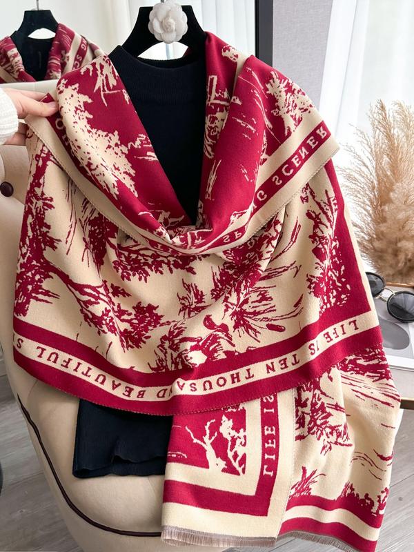 Landscape Print Double Sided Thickened Shawl, Casual Soft Warm Long Scarf for Fall & Winter, Fashion Accessories for Women & Men