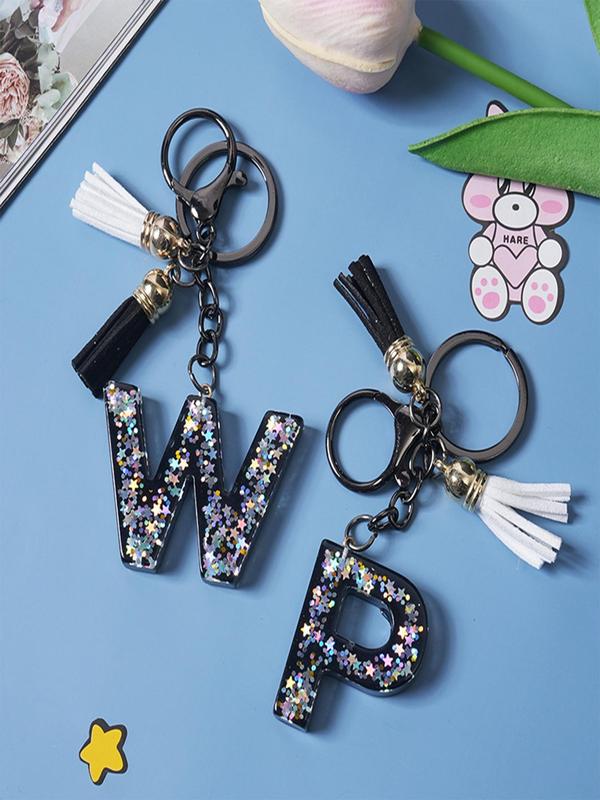 A-Z Alphabet Initial Letter Keychain, 1 Count Cute Star Sequins Resin Key Chain for Women & Men, Fashion Tassel Decor Key Ring for Bag Backpack Decor, Exquisite Keychain for Gift