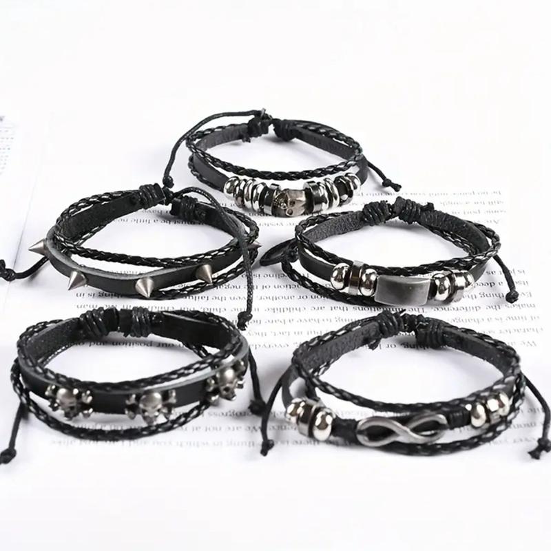 5 Pack Leather Bracelets Braided Wide Wristbands Women Mens Punk Rock Bracelet Skull