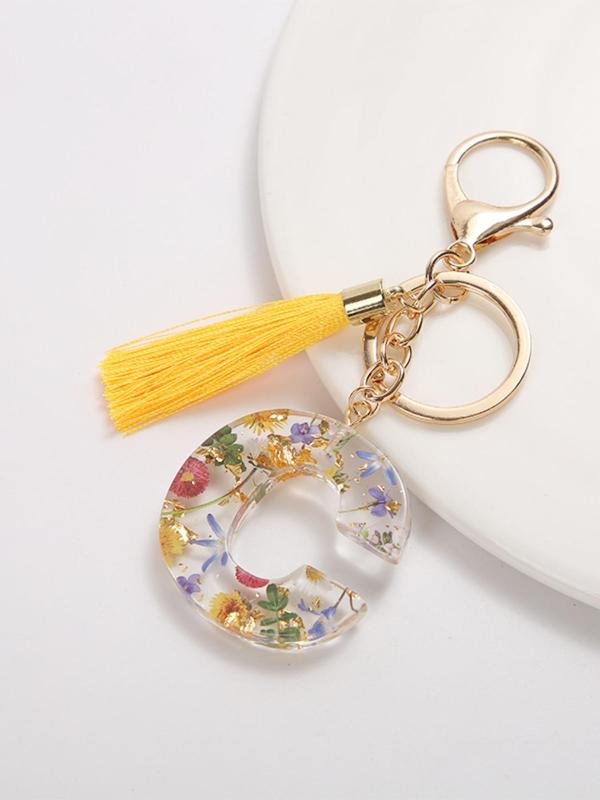 1pc Originality Initial Letter Keychains Accessories, Cute Flowers Pattern Tassel Decor Resin Charm with Key Ring, Bag Backpack & Key Chain Pendant