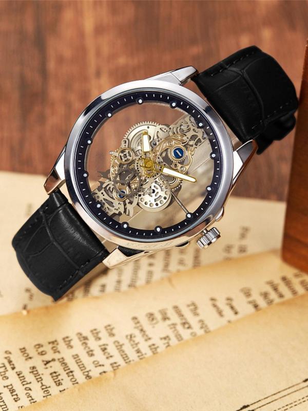 Men's Business Fashion Hollow Out Design Mechanical Watch, Fashion Round Dial Watch for Party, Daily Decor, Trendy All-match & Exquisite Watch for Birthday Gift with Box