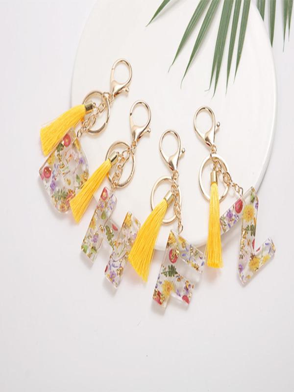 1pc Originality Initial Letter Keychains Accessories, Cute Flowers Pattern Tassel Decor Resin Charm with Key Ring, Bag Backpack & Key Chain Pendant