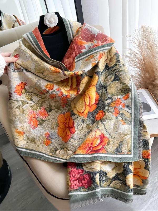 Women's Floral & Butterfly Print Double Sided Thickened Shawl, Casual Soft Warm Long Scarf for Fall & Winter, Fashion Accessories for Daily Wear