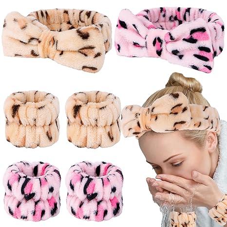 6 Pcs Puffy Spa Headband and Wristbands for Face Washing Skincare Headbands for Women (Pink Leopard, Brown Leopard)