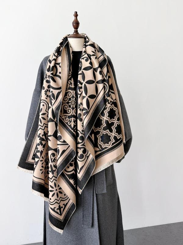 Geometric Pattern Tassel Detail Scarf, Casual Soft Warm Thick Scarf for Fall & Winter, Fashion Accessories for Women & Men