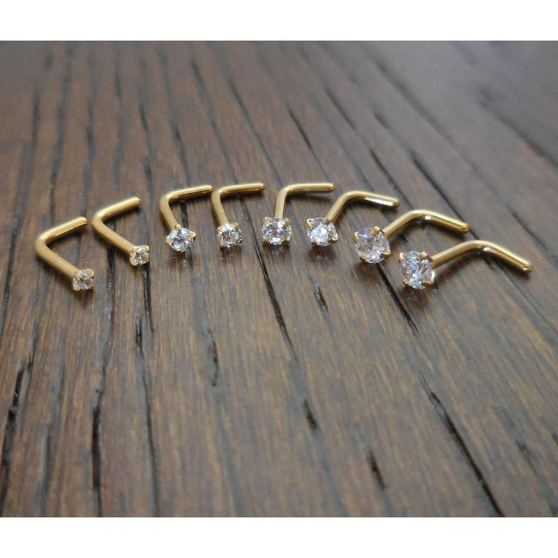 Pair 1.5, 2, 2.5 or 3mm Prong Set Screws Rings Bones Stainless Steel Nose L Shape Bend Titanium Stud Gold Tone 20G or 18G