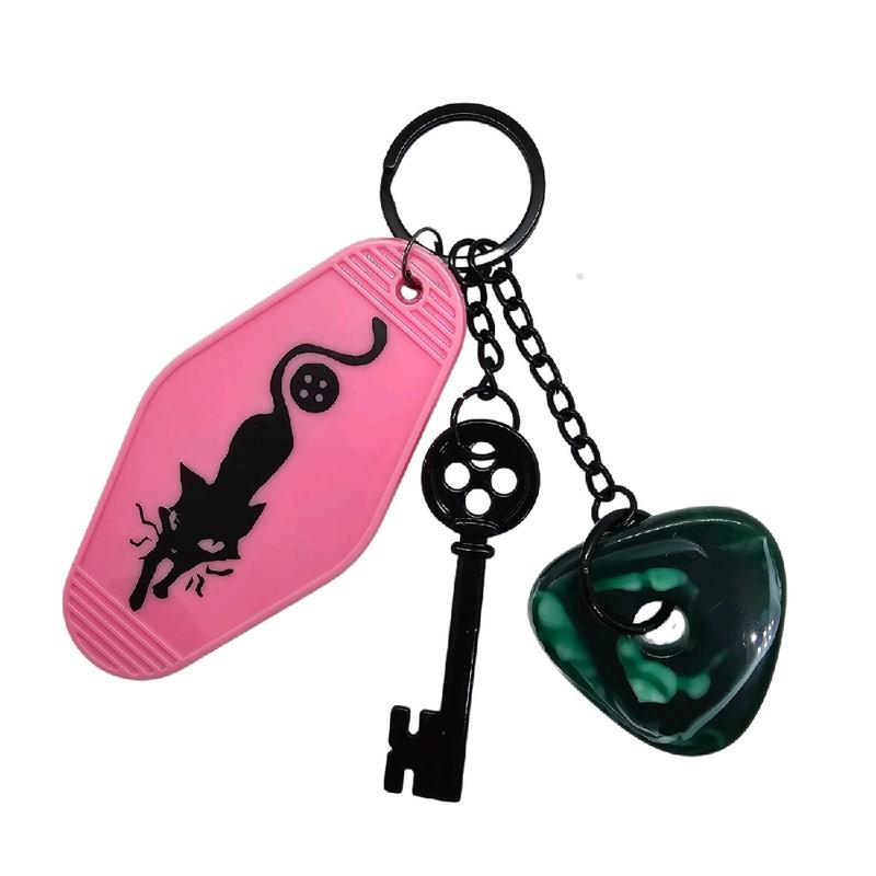 Coraline Inspired Keychain! Keys to the Pink Palace Apartments - Hotel Motel Key Tag w  Coraline Cat Seeing Stone & Skeleton Key