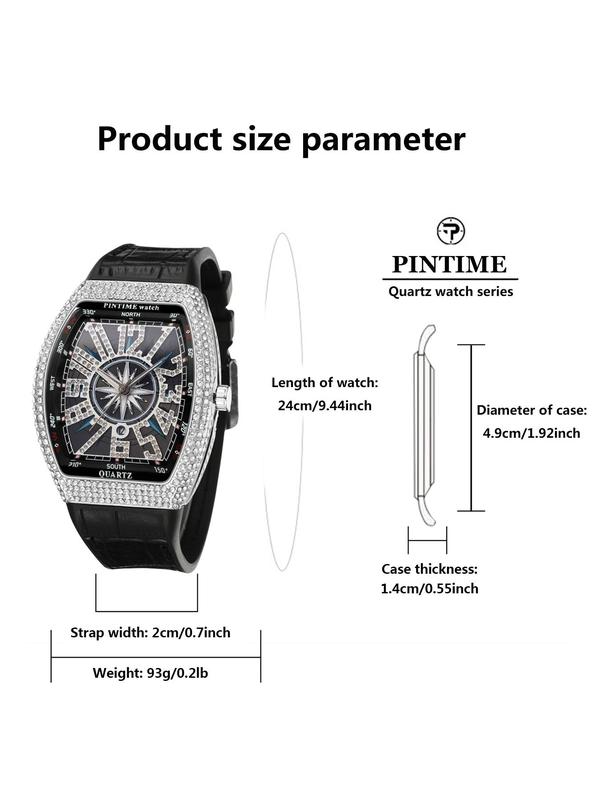 Men's Punk Style Rhinestone Barrel Dial Watch, Exquisite Trendy Wristwatch for Daily Use, Fashionable Watch As Gift for Boyfriend with Box