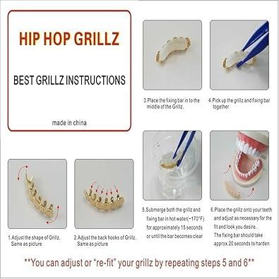 Gorgeous 24K Gold Plated Hip Hop Teeth Grillz! These punk custom fit teeth grillz caps come as a top & bottom grill set. They are removable hip hop mouth grills, perfect for women and men.