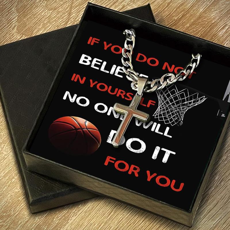 Basketball & Letter Pattern Gift Box Set, 1 Set Including Cross Necklace & Gift Card & Gift Box, Birthday Gifts for Men