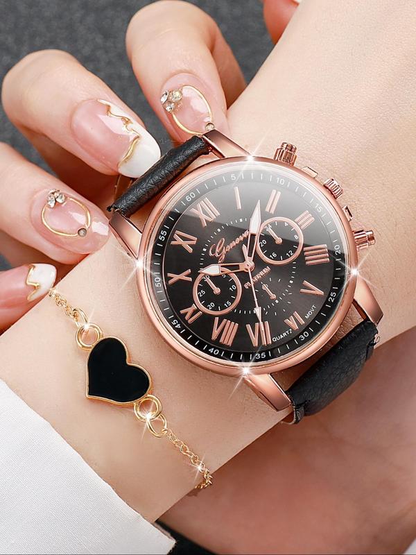 Women's Round Dial Quartz Watches, with Heart Charm Bracelet Set, without Box, Fashion Analog Watch for Party, Daily Clothing Decor, Exquisite Watch for Gift