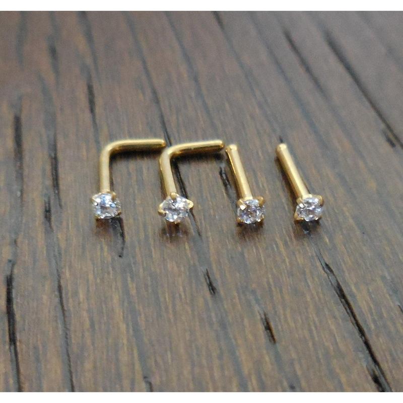 Pair 1.5, 2, 2.5 or 3mm Prong Set Screws Rings Bones Stainless Steel Nose L Shape Bend Titanium Stud Gold Tone 20G or 18G