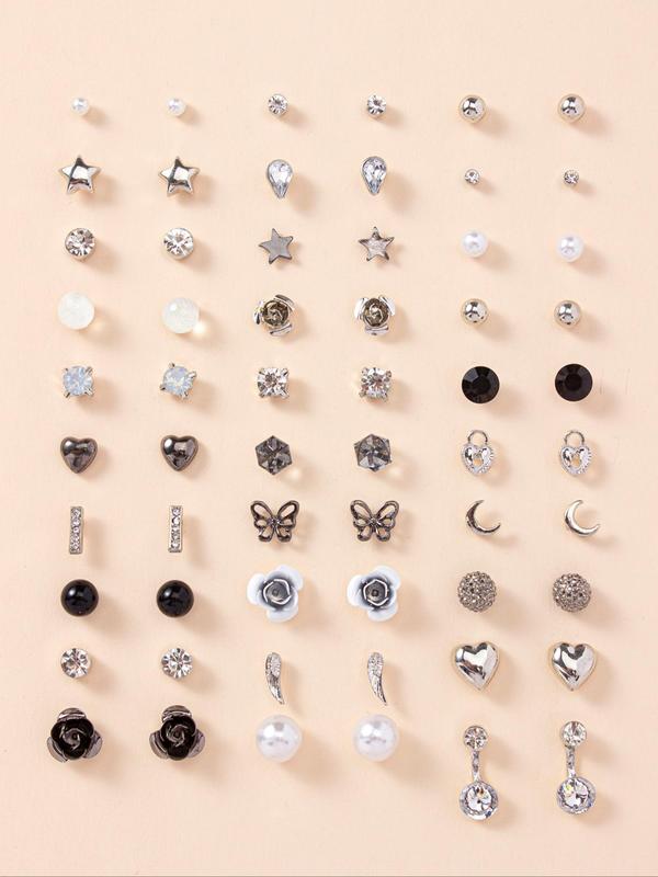 30 Pairs Fashion Jewelry Set Rhinestone Heart Star Stud Earrings for Women For Gift