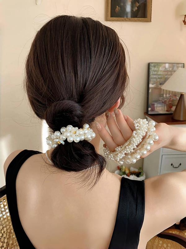 Elegant Faux Pearl Decorated Hair Tie Set, Versatile Elastic Bands for Ponytails & Bracelets, Chic Design Hair Accessories for Women Dainty Gift for Your Love