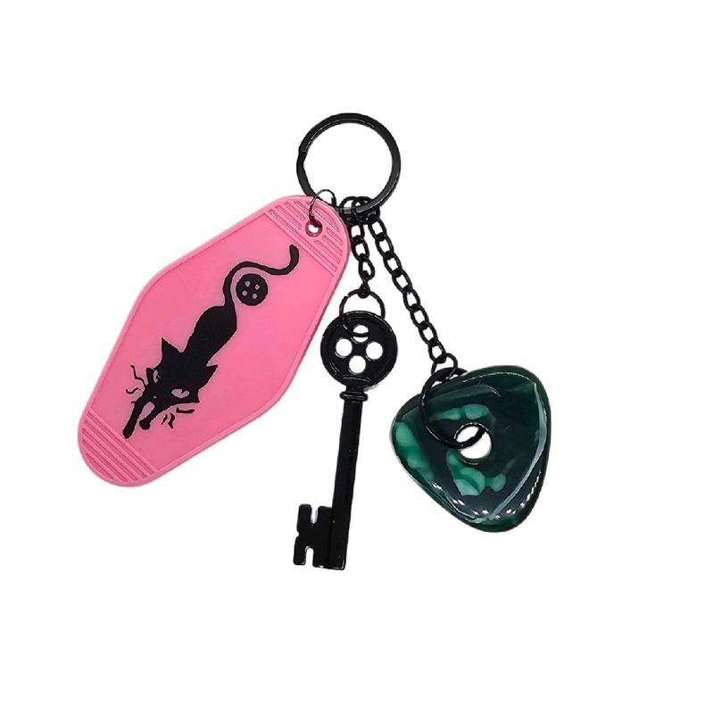 Coraline Inspired Keychain! Keys to the Pink Palace Apartments - Hotel Motel Key Tag w  Coraline Cat Seeing Stone & Skeleton Key