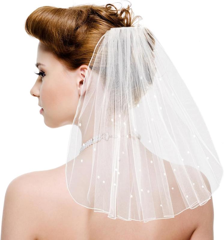 1 count Bachelorette Veil,  Elegant 1Tier White Bridal Veil with Rhinestone - 15 Short Tulle Veil with Comb Layer Hair Clipfor Women and Girls