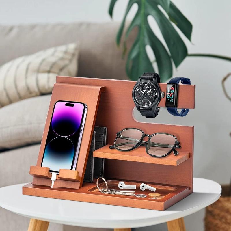 Gifts for Men Dad Husband Boyfriend Wood Phone Docking Station for Dad Gifts Key Wallet Stand Watch Organizer Birthday Gifts for Men Nightstand Organizer for Men Mens Gifts for Him,Grandpa,Husband