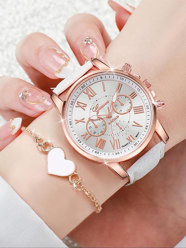 Women's Round Dial Quartz Watches, with Heart Charm Bracelet Set, without Box, Fashion Analog Watch for Party, Daily Clothing Decor, Exquisite Watch for Gift