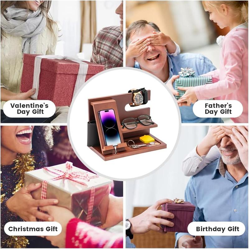 Gifts for Men Dad Husband Boyfriend Wood Phone Docking Station for Dad Gifts Key Wallet Stand Watch Organizer Birthday Gifts for Men Nightstand Organizer for Men Mens Gifts for Him,Grandpa,Husband