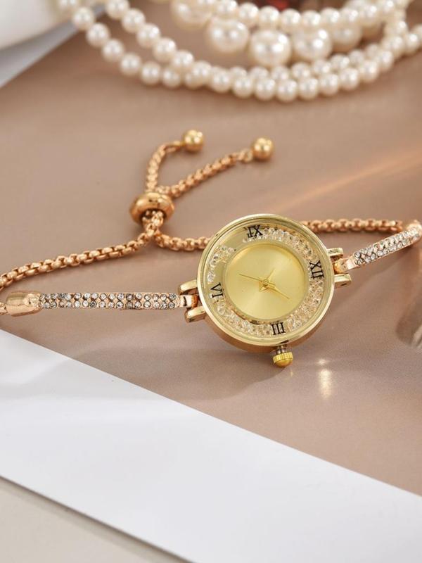 Women's Elegant Rhinestone Decorated Chain Quartz Watch, Fashionable Round Dial Watch for Women & Girls, Trendy All-match Watch for Birthday Gift