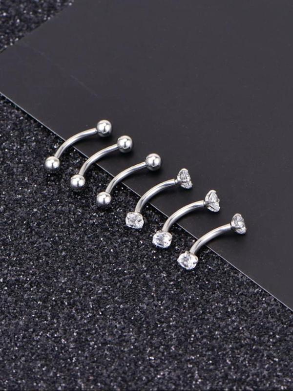 Simple Rhinestone Decorated Body Piercing Jewelry, 6pcs Stainless Steel Earrings, Belly Lip Ring, Eyebrow Studs, Body Piercing Jewelry for Party, Daily Clothing Decor, Trendy All-match & Exquisite Jewelry for Birthday Gift