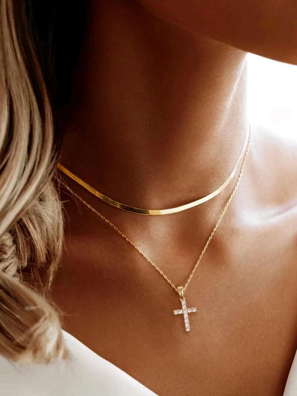 2pcs Elegant Rhinestone Decor Cross Design Pendant Necklace For Women For Gift, Minimalist Herringbone Chain Necklace, Clavicle Chain Necklace, Stainless Steel Jewelry