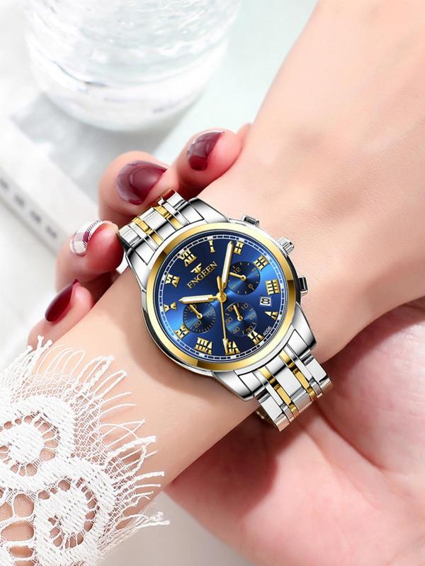 Fashion Round Dial Stainless Steel Strap Couple Watch for Women & Men, Waterproof Watch for Party, Daily Clothing Decor, Trendy All-match & Exquisite Watch for Birthday Gift with Box