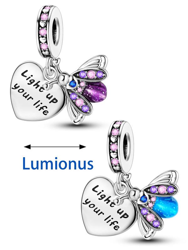 Elegant Heart & Letter Design Luminous Butterfly Charm Pendant, Fashionable Rhinestone Decorated Charm for Women & Girls, Jewelry Accessories for Bracelet & Necklace Making