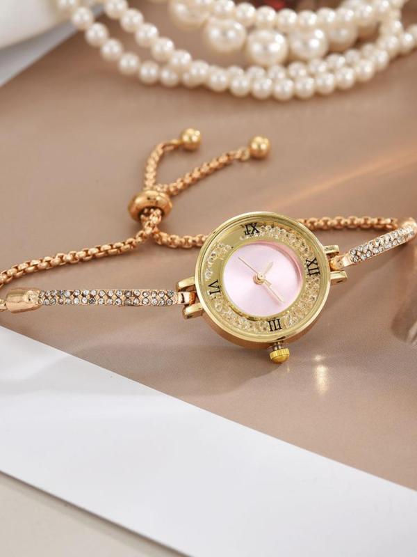 Women's Elegant Rhinestone Decorated Chain Quartz Watch, Fashionable Round Dial Watch for Women & Girls, Trendy All-match Watch for Birthday Gift