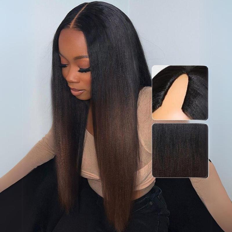 [New upgrade V part] EasiContour Lifesaver V Part Yaki Straight Chestnut Brown Ombre Color Lightweight Glueless Human Hair V Part Wig human hair