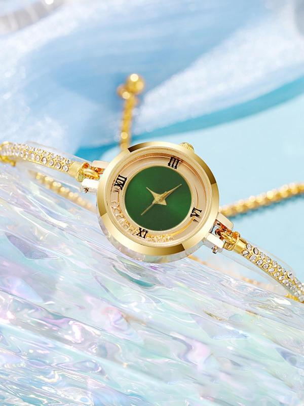 Women's Elegant Rhinestone Decorated Chain Quartz Watch, Fashionable Round Dial Watch for Women & Girls, Trendy All-match Watch for Birthday Gift