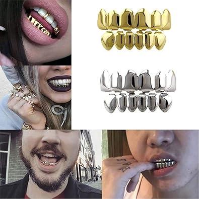 Gorgeous 24K Gold Plated Hip Hop Teeth Grillz! These punk custom fit teeth grillz caps come as a top & bottom grill set. They are removable hip hop mouth grills, perfect for women and men.