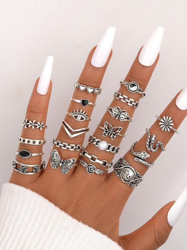 Vintage Snake Yinyang Moon Design Cuff Ring Bundles Kit, Matching Layering Stack Ring, Streetwear Punk Fashion Accessories for Both Men & Women for Gift, Hand Jewelry for Party, Club, Daily Clothing Decoration