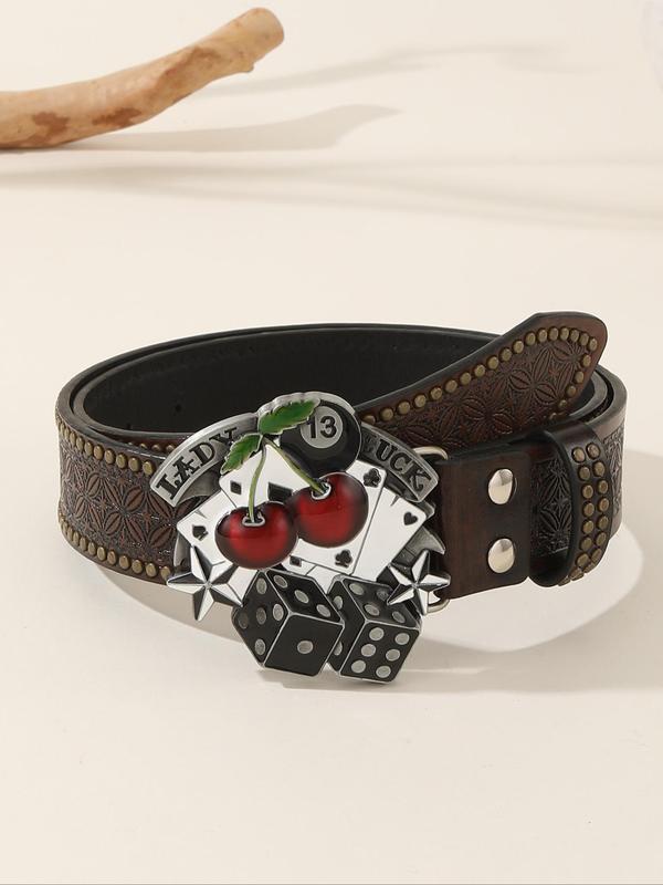 Cherry & Poker Design Buckle Belt, Fashionable Floral Textured PU Belt for Women & Men, Trendy All-match & Exquisite Belt for Birthday Gift