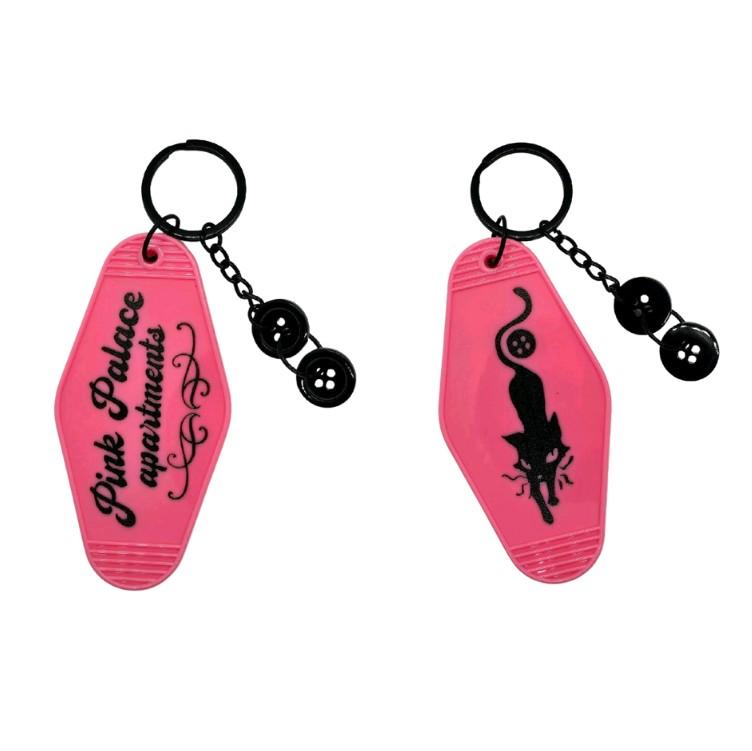 Coraline Inspired Keychain! Keys to the Pink Palace Apartments - Hotel Motel Key Tag w  Coraline Cat Seeing Stone & Skeleton Key