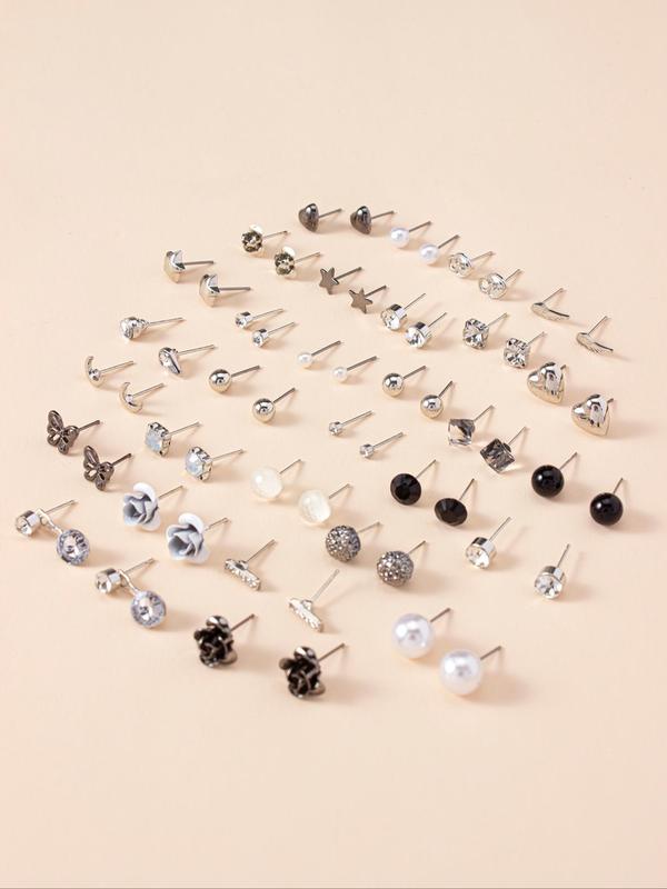 30 Pairs Fashion Jewelry Set Rhinestone Heart Star Stud Earrings for Women For Gift