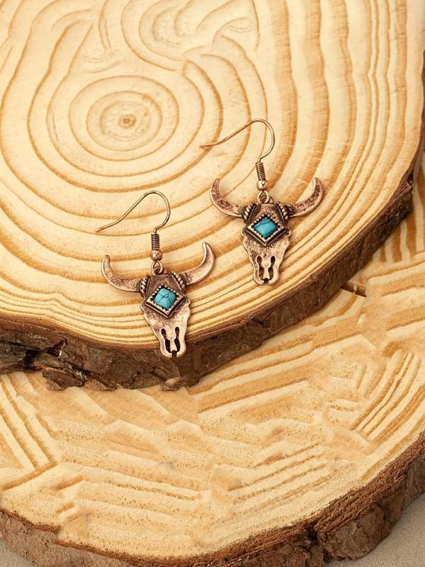 Vintage Cow Head Design Dangle Earrings (1 Pair), Turquoise Texture Decor Drop Earrings, Fashion Jewelry Accessories for Women