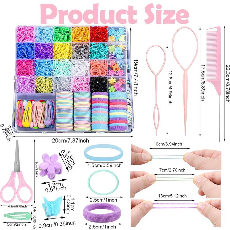 Hair Accessories for Girl, 1543 count Elastic Hair Rubber Bands Set 20 Colors Elastic Hair Ties with Organizer Box Cotton  Hair Ties, Hair Tail Tools, Rat Tail Comb, Butterfly Hair Clips