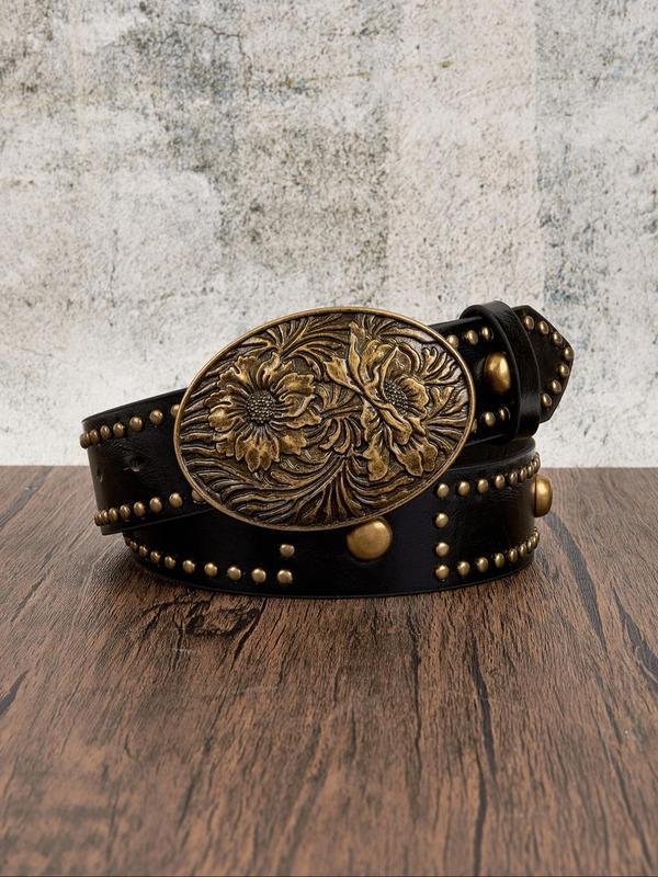 Women's Vintage Flower Embossed Studded Decor Western Belt, Fashionable Geometric Design Belt for Daily Clothing Decor, Trendy All-match & Exquisite Belt for Birthday Gift