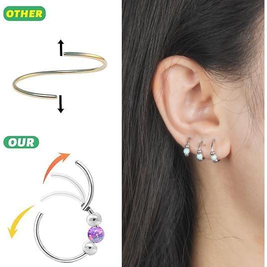 Nose Rings Hoops Opal Nose Piercings Jewelry 316L Surgical Steel Hypoallergenic Silver Septum Hoop Nose Ring for Women 18G Hinged Helix Rook Conch Cartilage Daith Tragus Earring