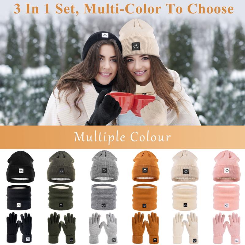 Winter Smiley Face Beanie Hat Scarf Gloves Set Women Men,Cute Hats Fashionable Warm Neck Warmer Touchscreen Gloves Sets