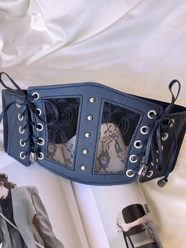 Women's Vintage Lace Up Wide Belt, 2024 New Style Fashionable Contrast Lace Design Waistband for Jeans & Dress, Trendy All-match & Exquisite Belt for Outfit Matching