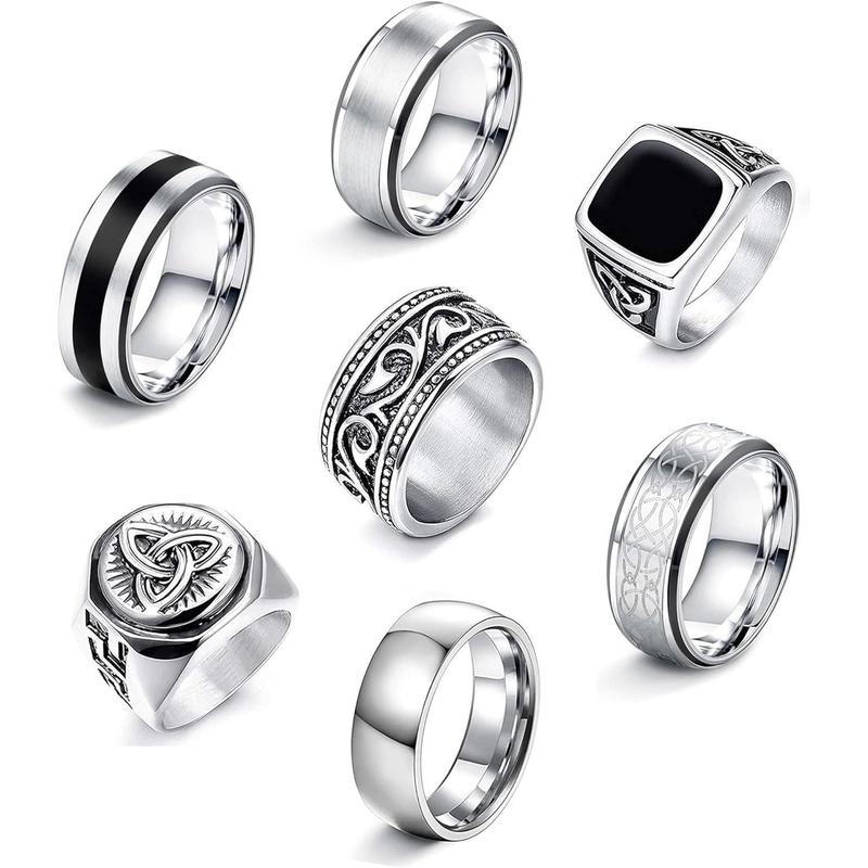 FLORIDECO 7 Pcs Set Men's Rings Set Silver Matte Polished Celtic Knot Vintage Design - Engraved Gothic Biker Rings - Perfect for Daily Wear and Special Occasions