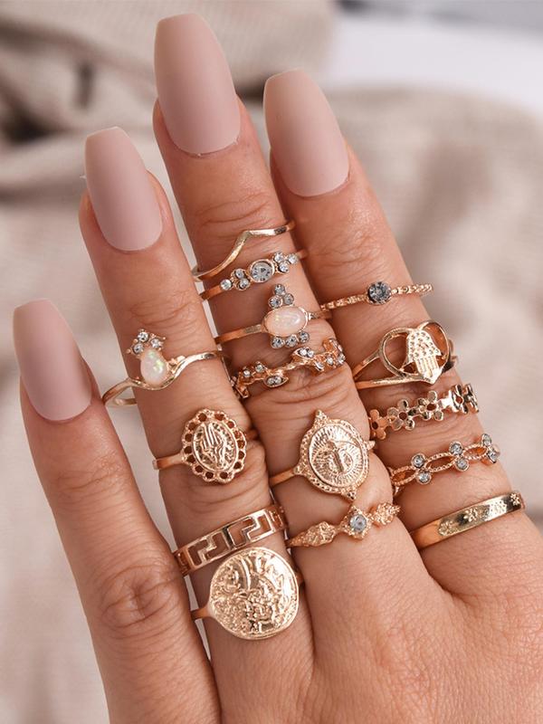 Boho Style Rhinestone Decorated Ring, 15pcs set Fashion Jewelry for Women & Girls for Party, Daily Clothing Decor, Trendy All-match & Exquisite Jewelry for Birthday Gift