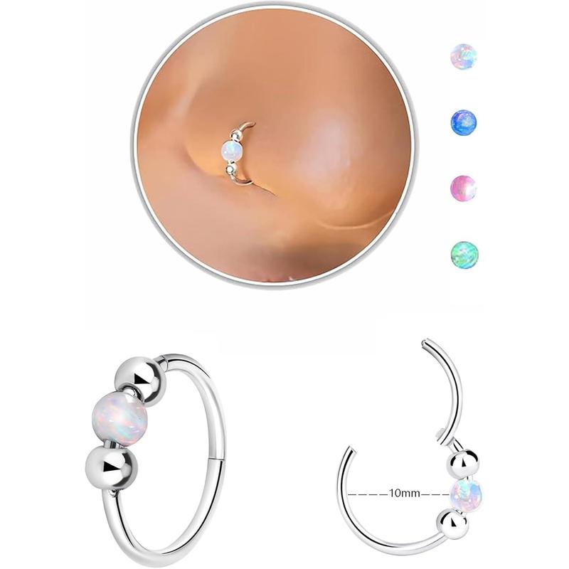 Nose Rings Hoops Opal Nose Piercings Jewelry 316L Surgical Steel Hypoallergenic Silver Septum Hoop Nose Ring for Women 18G Hinged Helix Rook Conch Cartilage Daith Tragus Earring