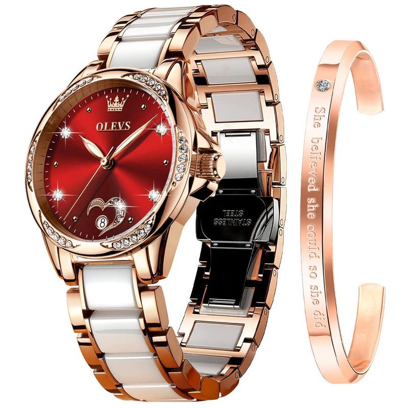 OLEVS Automatic Watch for Women Self Winding Ladies Diamond Wrist Watch Luxury Dress Rose Gold Ceramic Watch for Women Love Heart Date