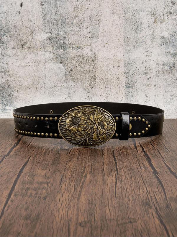 Women's Vintage Flower Embossed Studded Decor Western Belt, Fashionable Geometric Design Belt for Daily Clothing Decor, Trendy All-match & Exquisite Belt for Birthday Gift